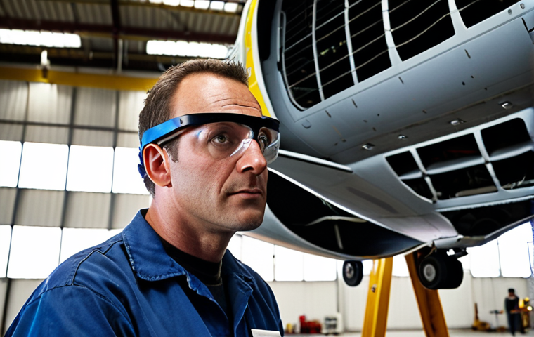 **

A close-up shot in a brightly lit aircraft maintenance hangar. Focus on a mechanic, wearing safety glasses and a clean uniform, meticulously inspecting a helicopter rotor blade for micro-fissures. Use shallow depth of field to blur the background and emphasize the mechanic's focused expression and the precision instruments used. The overall feeling should be one of diligence, expertise, and attention to detail, underscoring the importance of safety in aeronautics. Style: Photorealistic, with a touch of dramatic lighting.

**