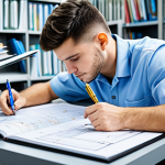 A professional male aeronautical mechanic student, mid-20s, fully clothed in a modest work uniform, intently studying a complex aircraft maintenance manual open on a clean desk in a well-lit technical library. He is pointing to a detailed hydraulic system diagram with a pen, surrounded by other technical documents. The scene emphasizes deep learning and concentration. Perfect anatomy, correct proportions, natural pose, well-formed hands, proper finger count. Professional photography, high detail, sharp focus, appropriate content, safe for work, family-friendly.