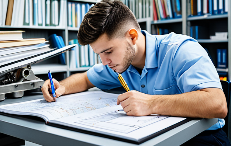 A professional male aeronautical mechanic student, mid-20s, fully clothed in a modest work uniform, intently studying a complex aircraft maintenance manual open on a clean desk in a well-lit technical library. He is pointing to a detailed hydraulic system diagram with a pen, surrounded by other technical documents. The scene emphasizes deep learning and concentration. Perfect anatomy, correct proportions, natural pose, well-formed hands, proper finger count. Professional photography, high detail, sharp focus, appropriate content, safe for work, family-friendly.