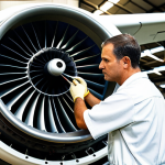 A professional male aviation maintenance technician, dressed in a clean, modest, and professional work uniform, meticulously inspecting a complex engine component of a large commercial aircraft. His expression reflects deep concentration and precision. The scene is set inside a vast, well-lit, modern aircraft hangar, with parts of a commercial airliner visible in the background. Tools are neatly organized on a workbench. Fully clothed, appropriate attire, safe for work, perfect anatomy, correct proportions, natural pose, well-formed hands, proper finger count, natural body proportions, professional photography, high quality, family-friendly.
