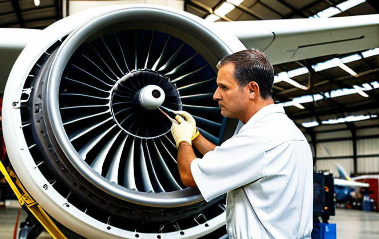 A professional male aviation maintenance technician, dressed in a clean, modest, and professional work uniform, meticulously inspecting a complex engine component of a large commercial aircraft. His expression reflects deep concentration and precision. The scene is set inside a vast, well-lit, modern aircraft hangar, with parts of a commercial airliner visible in the background. Tools are neatly organized on a workbench. Fully clothed, appropriate attire, safe for work, perfect anatomy, correct proportions, natural pose, well-formed hands, proper finger count, natural body proportions, professional photography, high quality, family-friendly.
