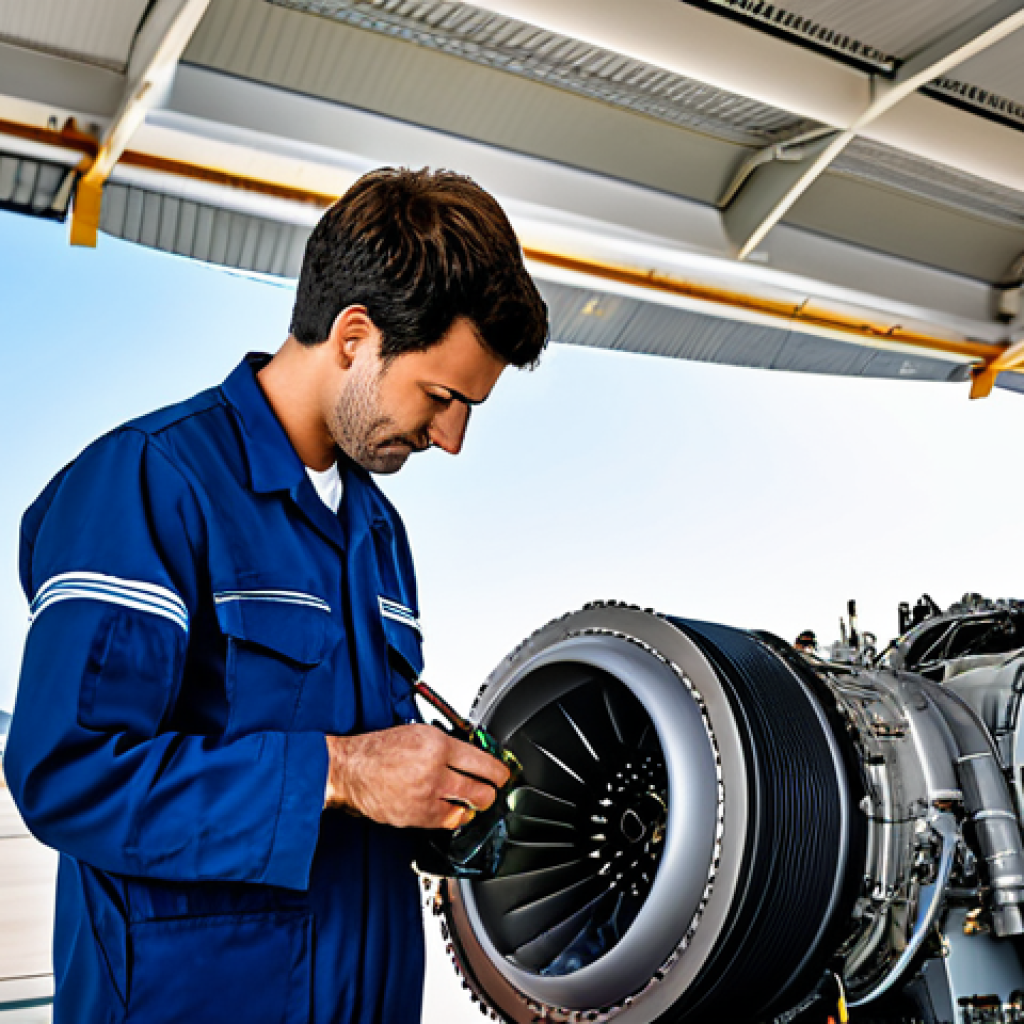 **
"Aviation mechanic in a fully clothed professional work uniform, inspecting an ATR-72 engine on the tarmac at Marseille Airport, safe for work, appropriate content, daytime, perfect anatomy, correct proportions, well-formed hands, modest clothing, professional, high quality"
**