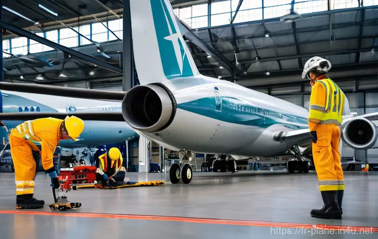 항공정비사의 안전 관리 중요성 - **Prompt 1: Dedicated Aviation Mechanics Ensuring Safety**
    "A wide shot inside a brightly lit, m...