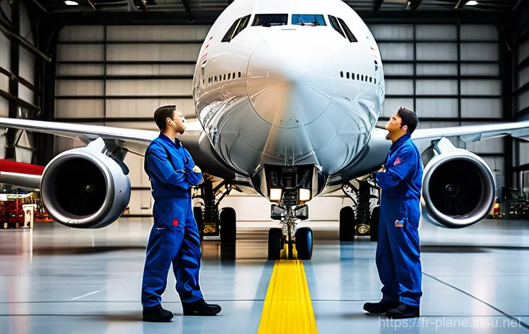 항공정비사와 항공기 안전 점검 - A highly detailed, realistic photograph capturing two or three aircraft mechanics in their clean, pr...