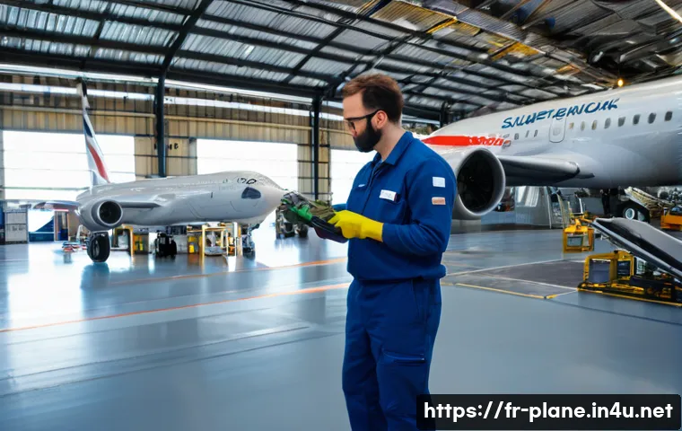 항공정비사가 겪는 스트레스와 해결법 - A detailed scene inside an aircraft maintenance hangar in France, showing a focused technician in a ...