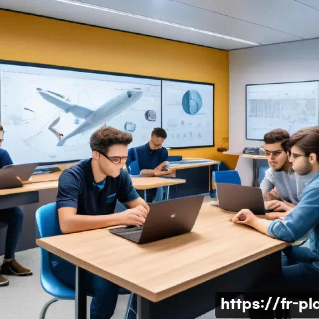 항공정비사의 필기 시험 합격률 - A detailed classroom scene in a modern French aeronautical training center, showing diverse young ad...