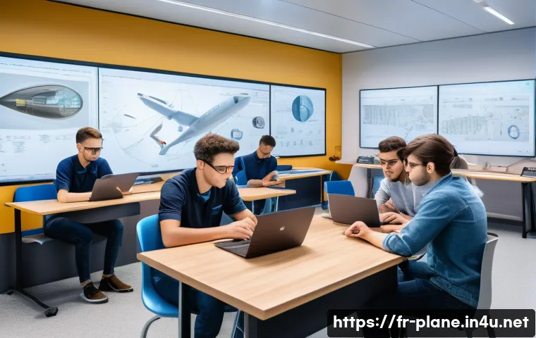 항공정비사의 필기 시험 합격률 - A detailed classroom scene in a modern French aeronautical training center, showing diverse young ad...