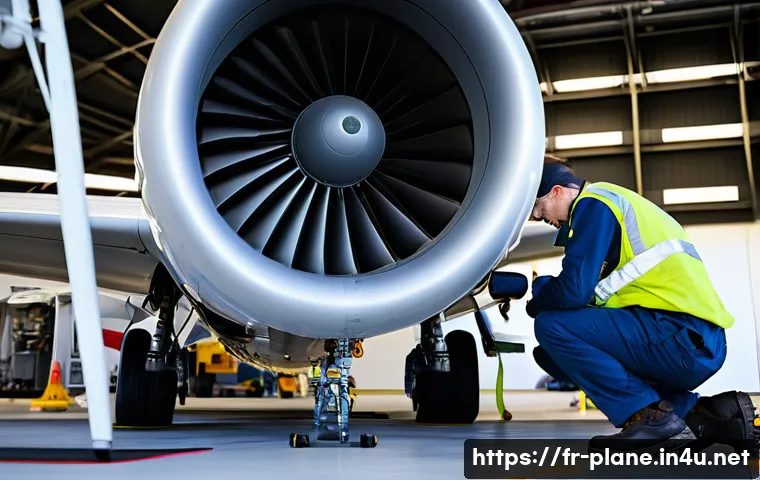 항공정비사로 일하며 겪는 보람 - A skilled aeronautical maintenance technician in a modern aircraft hangar, wearing safety gear inclu...