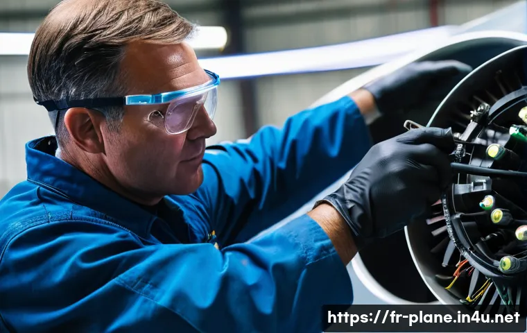 항공정비사 실기 시험 준비 방법 - A detailed scene of a professional aviation maintenance technician working meticulously on an aircra...