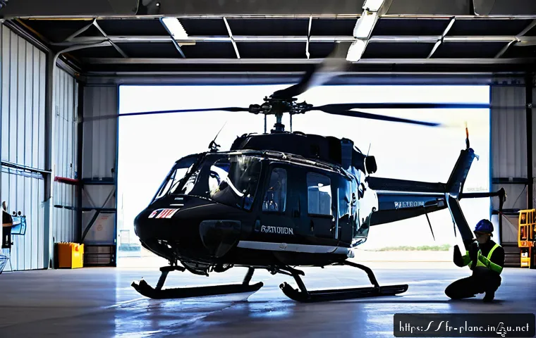 항공정비사와 헬리콥터 정비 - A detailed scene inside a helicopter maintenance hangar in France, featuring a skilled technician we...