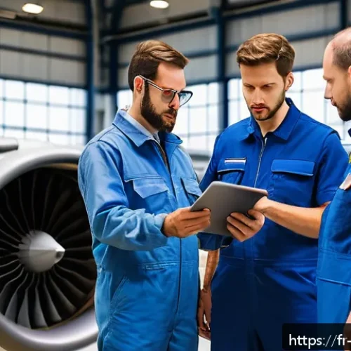 항공정비사의 커뮤니케이션 스킬 - A professional aeronautical maintenance team in a modern aircraft hangar, focused on clear communica...