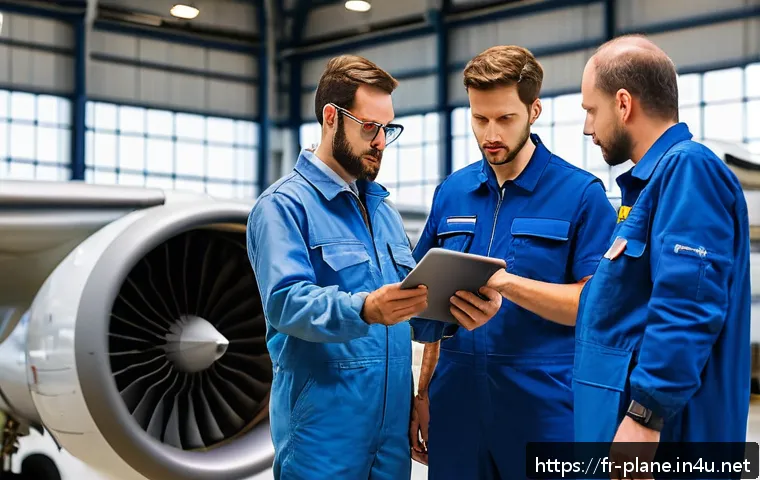 항공정비사의 커뮤니케이션 스킬 - A professional aeronautical maintenance team in a modern aircraft hangar, focused on clear communica...