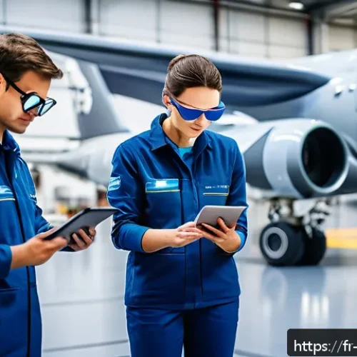 항공정비사 자격증 최신 트렌드 - A modern aeronautical maintenance workshop scene featuring a diverse group of technicians wearing ap...