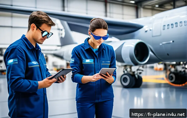 항공정비사 자격증 최신 트렌드 - A modern aeronautical maintenance workshop scene featuring a diverse group of technicians wearing ap...