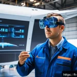 항공정비사와 항공기 중정비 사례 - A high-tech aircraft maintenance hangar featuring a skilled technician wearing a blue uniform and sa...