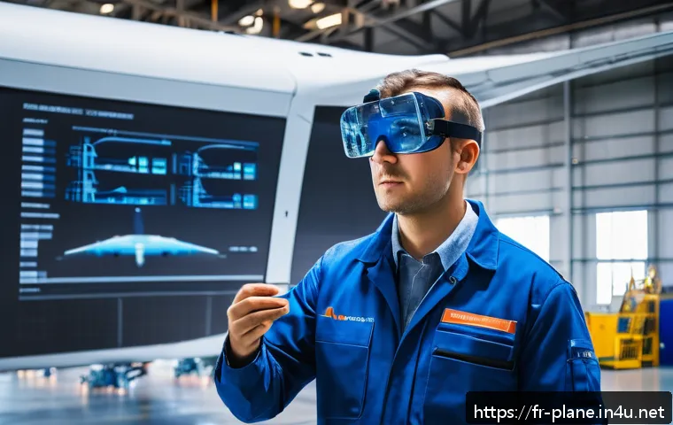 항공정비사와 항공기 중정비 사례 - A high-tech aircraft maintenance hangar featuring a skilled technician wearing a blue uniform and sa...