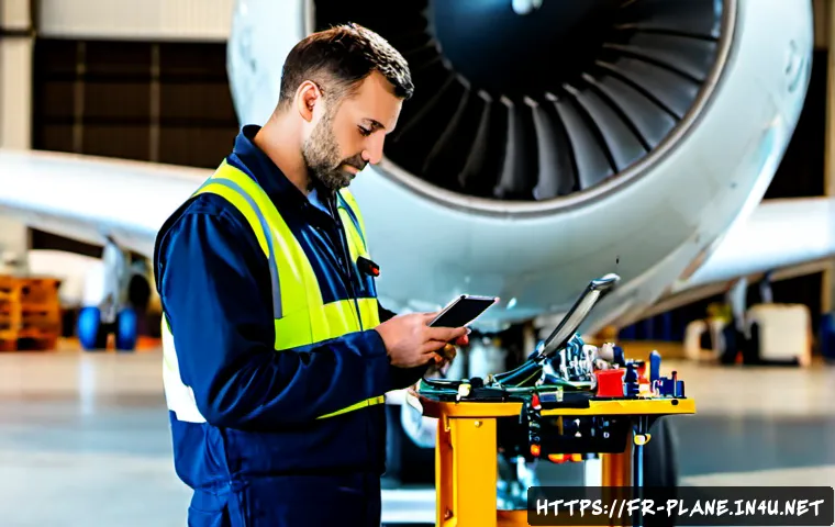 Home 17 항공정비사의 윤리와 직업 의식 - Photorealistic aircraft maintenance technician in a spotless European airport hangar, carefully insp...