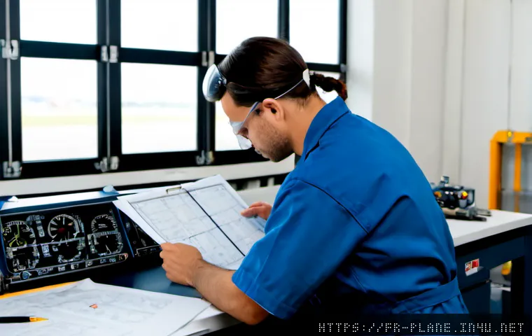 Home 17 항공정비사 필기 시험 난이도 평가 - Photorealistic French aircraft maintenance technician exam preparation scene, focused adult trainee ...