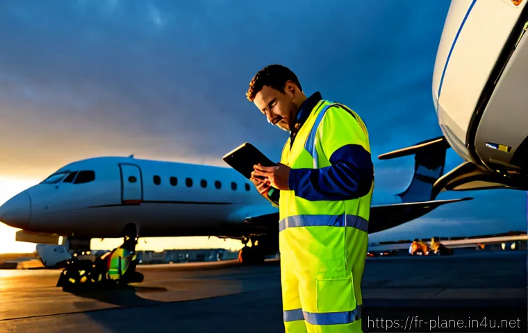 항공정비사와 항공사 업무 협력 - Photorealistic aircraft maintenance technician in high-visibility workwear consulting with an airlin...