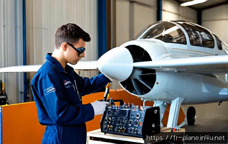 항공정비사가 되기 위해 필요한 학위 - Photorealistic French aviation maintenance training workshop, a focused young adult trainee in clean...